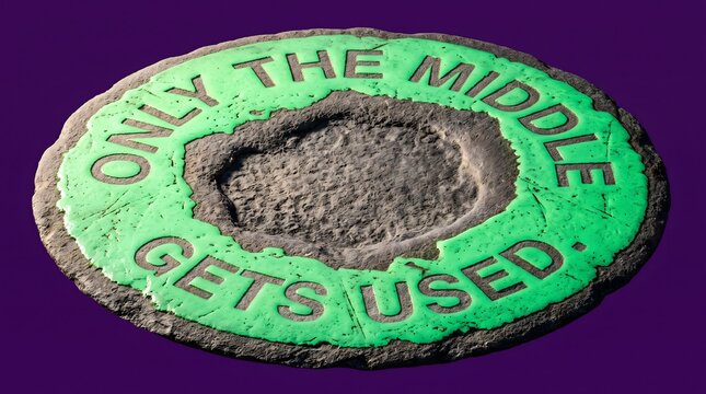 Metaphorical Stone Plaque with Green Lettering Stating Only the Middle Gets Used Isolated on Purple Background, Representing Core Usage and Resource Depletion.