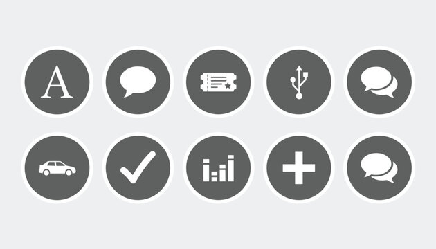 Collection of round dark grey mobile application buttons featuring white user interface symbols and tech icons.