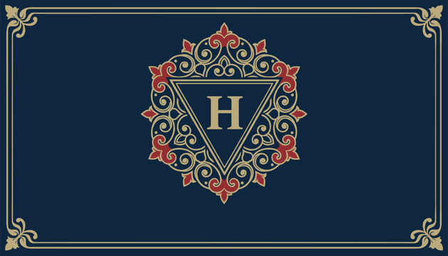 Elegant dark blue card design featuring a luxurious golden and red monogram frame with the capital letter H.