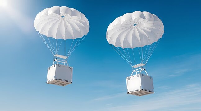 Two white delivery packages descending with parachutes against blue sky.