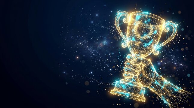 A shimmering gold trophy cup held by a hand, symbolizing success and achievement in a digital art style.