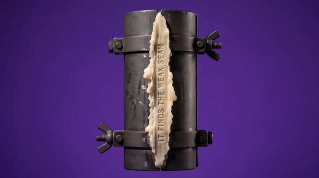 Conceptual image of a metallic cylinder under pressure with a thick substance oozing from a vertical crack, featuring the text 'IT FINDS THE WEAK SEAM' against a vibrant purple background.