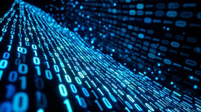 Complex data and internet technology shown as glowing blue binary code numbers on a dark background.