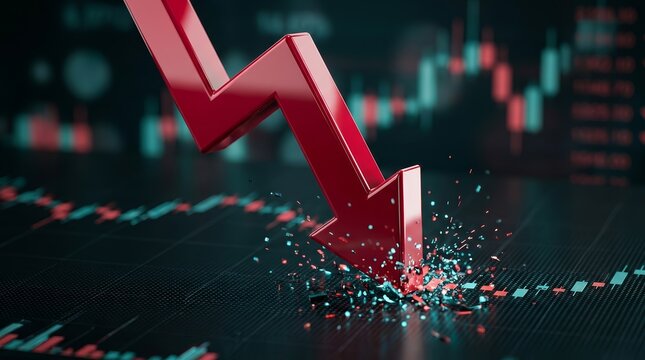 A red arrow falls sharply on a financial graph signaling an economic downturn.