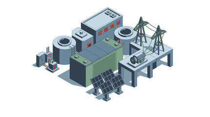 Fototapeta premium Modern Isometric of Power Generation Facility Combining Solar Panels Wind Turbines Generators and Industrial Equipment