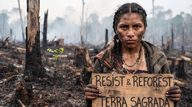 An Indigenous woman with a soot-smeared face stares directly at the audience, holding a wooden board inscribed with Resist & Reforest
