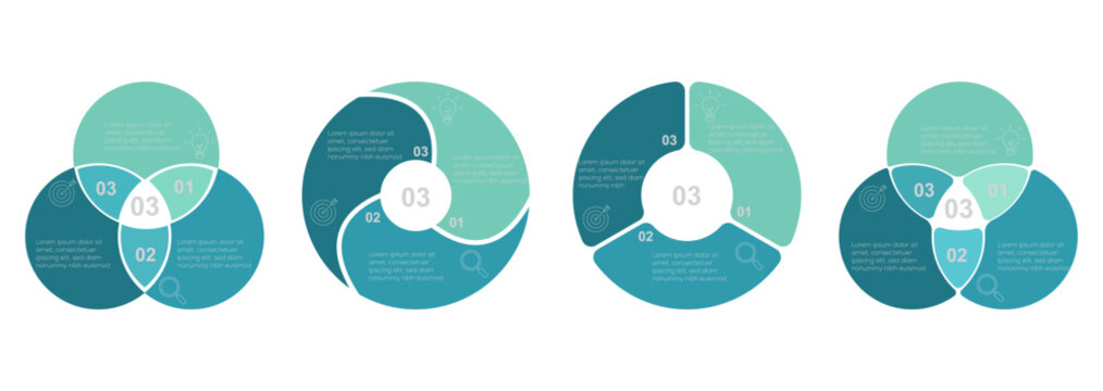 Circle Venn diagram infographic design. Business  Venn diagram infographic with 3 parts, options, steps, process.