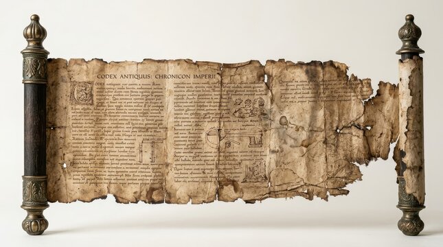 Ancient Unrolled Parchment Scroll with Latin Text and Diagrams, Codex Antiquus Chronicon Imperii, Isolated on White