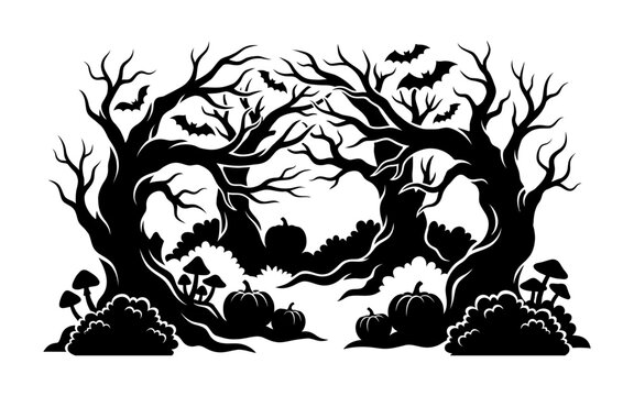 Spooky halloween forest silhouette with twisted dead trees bats and pumpkins