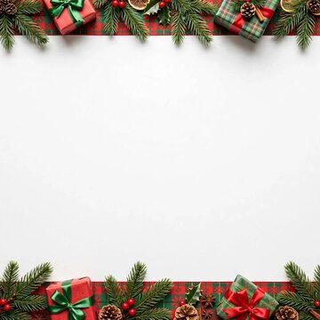 Christmas border with gift boxes and pine branches top and bottom copy space