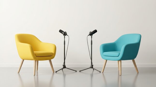 Professional podcast or interview room featuring two chairs and microphone stands.
