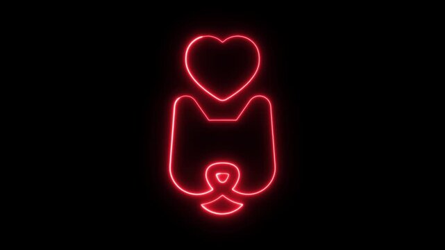 Glowing red neon cat head icon with a heart symbol above it on a black background.