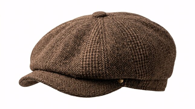 Vintage brown patterned flat cap newsboy hat isolated on white background for classic men style fashion.
