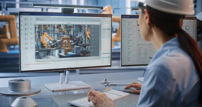 At Automated Manufacturing Plant, Female Specialist Monitors Real Time Production Charts on Display. Data Analytics Software Optimizes Efficiency in Modern Smart Factory Operations. AI Manufacturing.