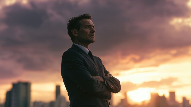 Confident businessman standing on a rooftop at sunset with arms crossed.