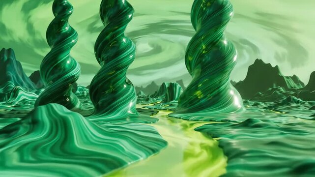 Alien planet landscape with malachite green spiral towers