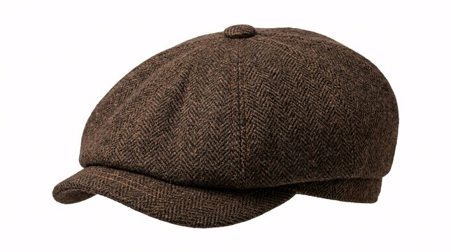 Classic brown tweed newsboy cap isolated on a clean white background for vintage men fashion design.
