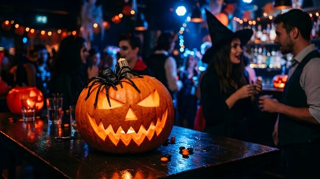Spooky Jack-o'-lantern with spider at a crowded Halloween bar party, blurred people in costumes and festive bokeh lights background.