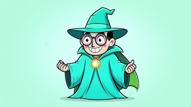 Six colorful cartoon wizard characters with magic staves