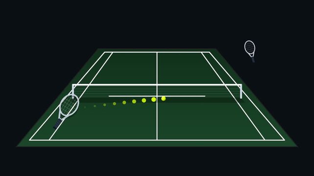 A sleek, stylized 10-second sports commercial animation showing an automatic tennis rally ending in a powerful winning shot that morphs into a GAME CHANGER title.