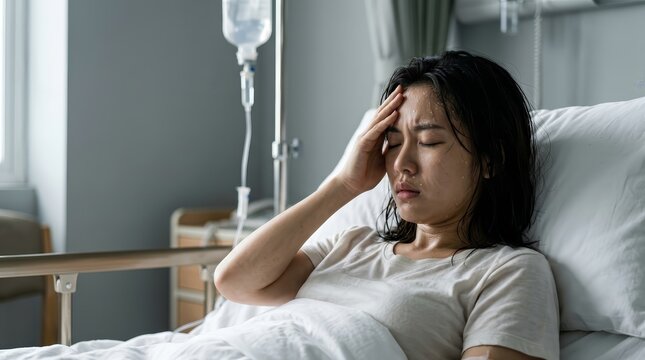 Sick young woman in a medical ward experiencing a severe fever.