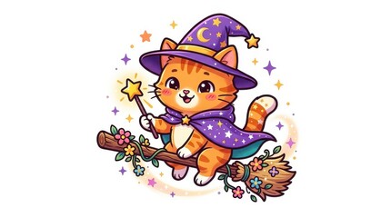Naklejka premium Cute Ginger Cat Wizard Flying on a Magic Broomstick Illustration, Halloween Kitten in Witch Hat and Cape with Magic Wand