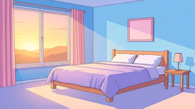 A comfortable cartoon background of a bedroom featuring a bed and sunset view.