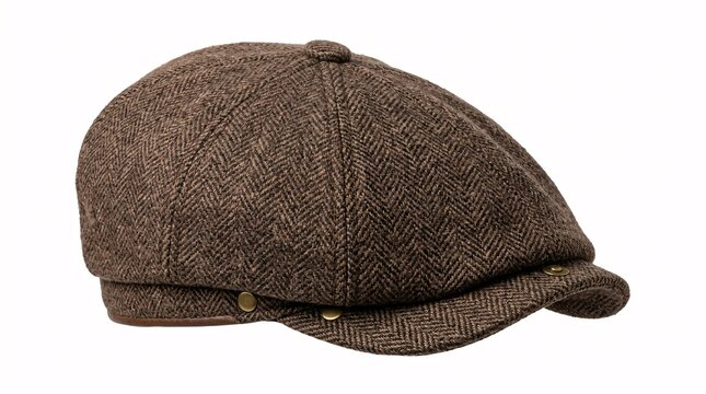 Vintage brown tweed newsboy cap or flat cap isolated on a pure white background.