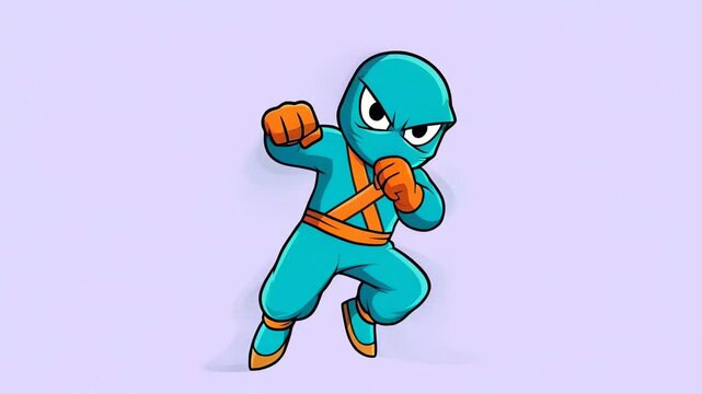 Cartoon blue ninja character performing various martial arts moves