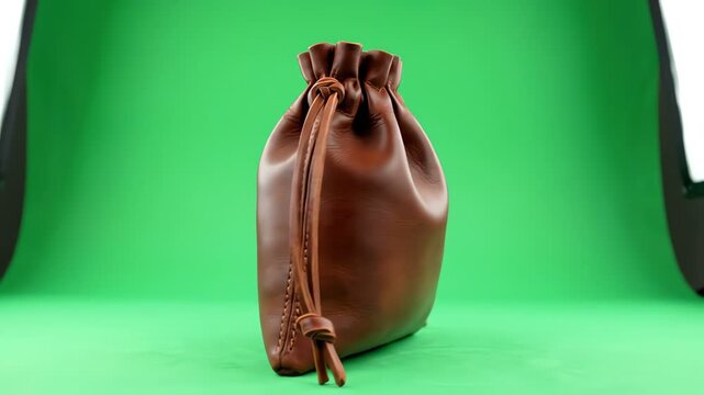 Brown leather drawstring pouch spinning on chroma key green background