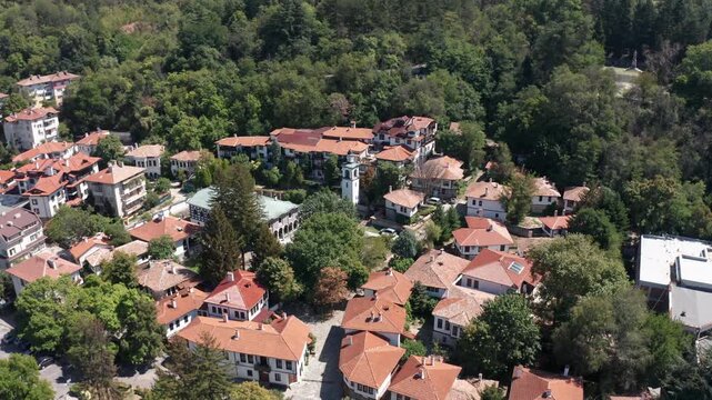 High altitude aerial view of Blagoevgrad city grid, Bulgaria