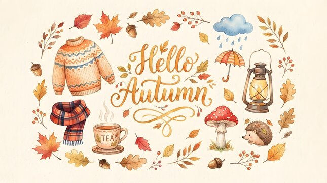 Watercolor autumn collection with sweater, scarf, tea cup, mushroom, hedgehog, and leaves isolated on white background