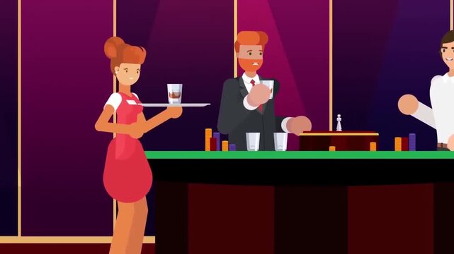 2D Animated Bartender Serving Cocktail Drinks at Casino Bar Counter Interior Flat Vector Character Animation Footage