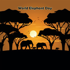 World Elephant Day Sunset Silhouette With Elephant Family On African Savanna At Dusk © Parvin
