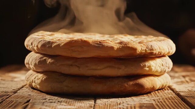 Stack of hot steaming flatbreads on flour-dusted wooden table. One piece added to pile. Warm dramatic lighting, dark background, rustic kitchen scene.