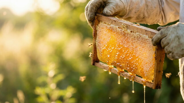 Honeycomb frame held by beekeeper with dripping golden honey outdoors, natural beekeeping and sweet food concept.