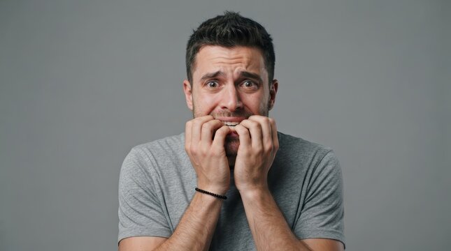 Anxious young man biting his nails against a gray studio background.