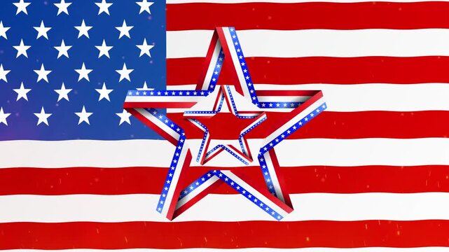 Waving american flag with floating glowing particles on a red background
