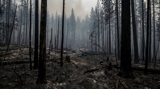 Devastating Aftermath of a Forest Wildfire with Charred Burnt Pine Trees and Smoke in the Atmosphere