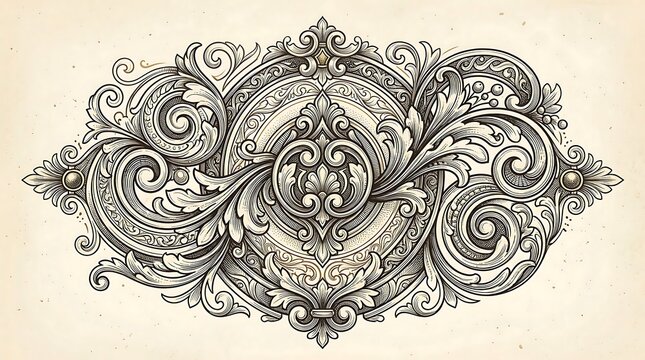 Intricate Vintage Engraved Ornament with Baroque Filigree and Floral Scrollwork on Aged Paper Texture