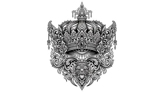 Intricate Hand Drawn Balinese Crown with Barong Mask Ornament in Traditional Indonesian Style Illustration