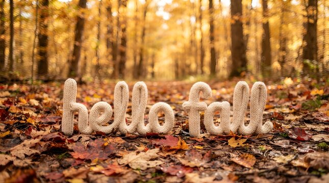 Hello fall text made of knitted yarn lying on colorful autumn leaves in a forest