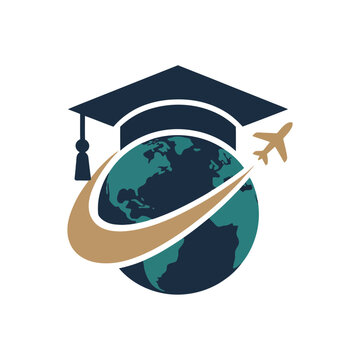 Study abroad educational logo featuring a graduation cap, globe, and airplane. Vector branding for overseas education and personality development.