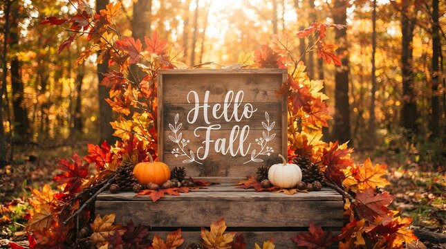 Autumn forest background with wooden sign, hello fall text, pumpkins and colorful fallen leaves