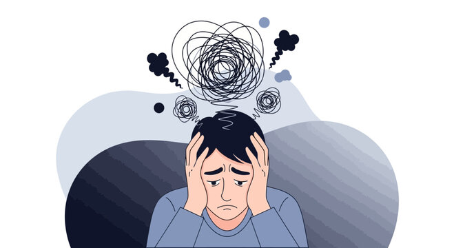 Man with tangled thoughts and stress, mental health, anxiety illustration