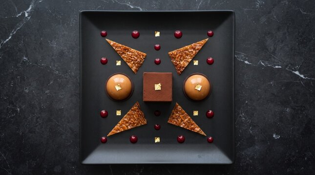 Delicious assortment of gourmet chocolate treats with caramel, nuts, berries, and a touch of gold leaf, perfect for food advertising.