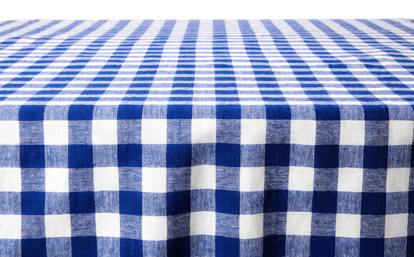 Empty table surface covered with a classic blue and white checkered tablecloth, showcasing a rich fabric texture