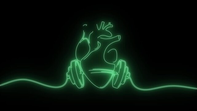 Continuous glowing green neon line art animation human heart lifting barbell black background
