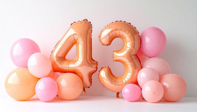 Rose gold foil number 43 balloons surrounded by pastel pink and peach balloons for birthday celebration