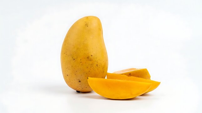 One fresh whole yellow mango fruit with sliced pieces on the table